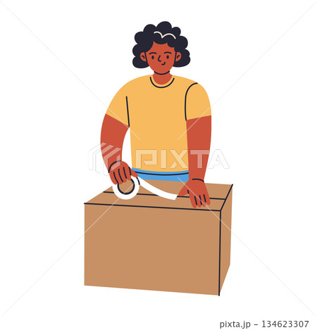 Flat cartoon vector illustration of woman packing cardboard box and sealing with tape, shipping and moving, simple work scene, practical mood for delivery, relocation and logistics project 134623307