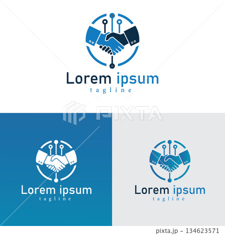 Tech partnership logo premium handshake and circuit design 134623571