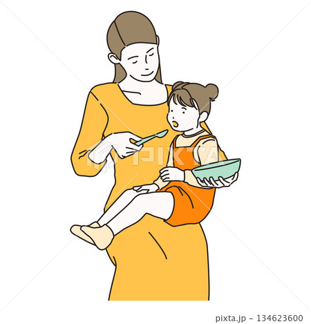 Minimalist Line Art of Mother Feeding Baby with Spoon 134623600