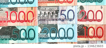 Dominican Republic Pesos currency money bills. DOP currency banknotes in big amount with different denomination close up Dominican Republic Pesos currency money bills. DOP currency banknotes in big amount with different denomination close up 134623603