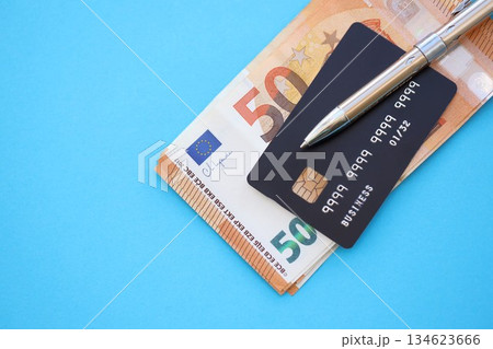 Credit card and pen with euro currency money bills banknotes on light blue background. Business, financial operations and accounting in European Union 134623666