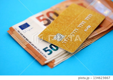 Credit card and pen with euro currency money bills banknotes on light blue background. Business, financial operations and accounting in European Union Credit card and pen with euro currency money bills banknotes on light blue background. Business, financial operations and accounting in European Union 134623667