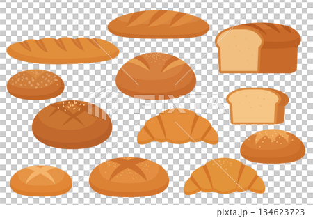 扁平麵包的種類：白麵包、牛角麵包、法國麵包 134623723