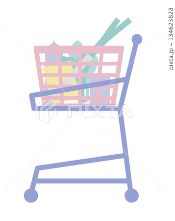 買い物カートと食料品のフラットイラスト 野菜・お菓子・飲料が入ったシンプルなカート素材 134623828