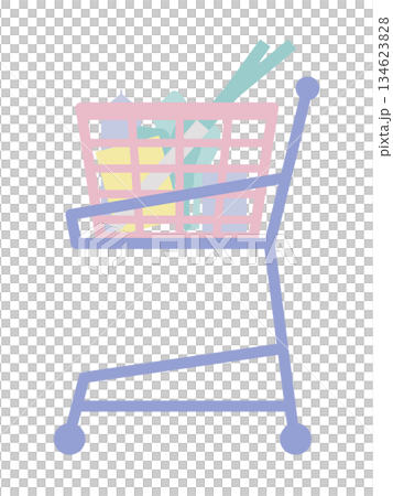 買い物カートと食料品のフラットイラスト 野菜・お菓子・飲料が入ったシンプルなカート素材 134623828
