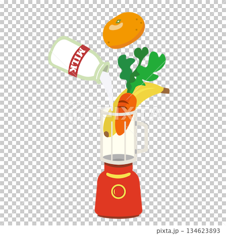Illustration of milk, mandarin oranges, carrots, and bananas being put into a blender Illustration of milk, mandarin oranges, carrots, and bananas being put into a blender 134623893
