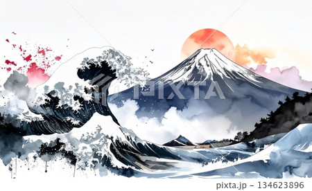 大波が飛沫をあげて、富士山から日の出が昇る水彩イラスト素材  和風背景 134623896