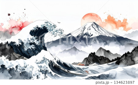 大波が飛沫をあげて、富士山から日の出が昇る水彩イラスト素材  和風背景 134623897
