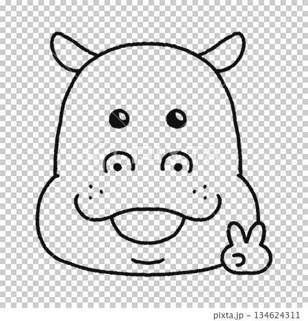 ピースをするカバ　線画 134624311