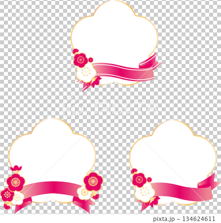 A set of Japanese-style heading labels with plum blossoms and pink ribbons. A decorative frame background perfect for the arrival of spring, New Year, and other auspicious occasions. 134624611