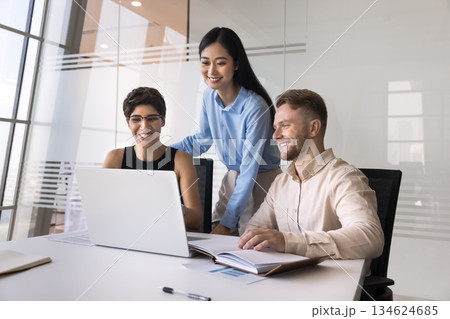 Employees learning new business AI tools or software using laptop 134624685