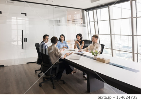 Five multiethnic professionals take part in briefing event 134624735