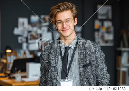 A young guy with a badge on his chest is an intern in the office A young guy with a badge on his chest is an intern in the office 134625083