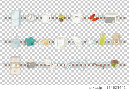家電と生活用品の四角ドットラインイラスト素材 134625441