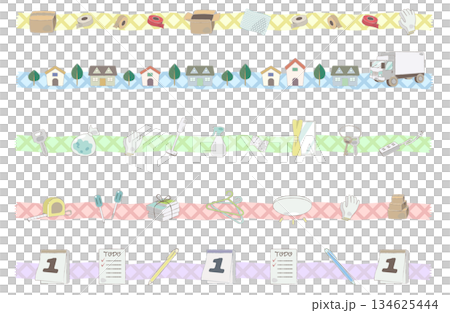 引っ越しと日常アイテムのマスキングテープ風イラストセット 引っ越しと日常アイテムのマスキングテープ風イラストセット 134625444