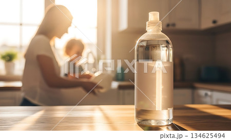 Mother and child washing dishes in kitchen with sunlight and cleaning spray bottle in foreground 134625494