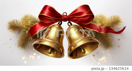 Bright gold bells tied with a red ribbon evoke Christmas joy and festive togetherness. 134625614