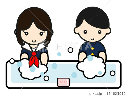 手を洗う制服姿の女子学生と男子学生のイラスト 134625912