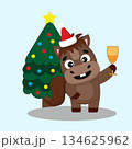 Cute cartoon horse with glass of champagne and Christmas tree. New Year, party 2026, Year of the Horse.  134625962