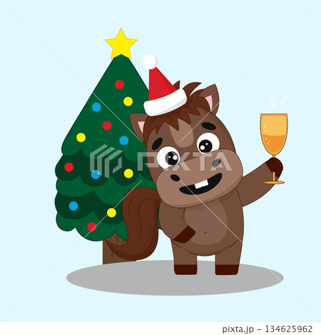 Cute cartoon horse with glass of champagne and Christmas tree. New Year, party 2026, Year of the Horse. Cute cartoon horse with glass of champagne and Christmas tree. New Year, party 2026, Year of the Horse. 134625962