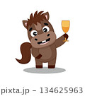 Cute cartoon horse with glass of champagne. New Year, party 2026, Year of the Horse.  134625963