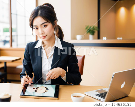 タブレットを使い資料を確認するスーツ姿の若い女性 134626153