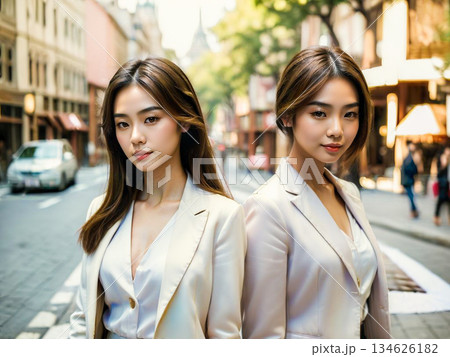 街中の通りで並んで立つベージュジャケット姿の若い女性2人 134626182