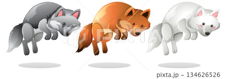 Three Cartoon Foxes Jumping in Midair Side by Side 134626526