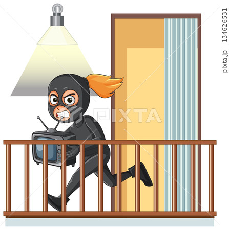Burglar in Black Suit Stealing Television on Balcony 134626531