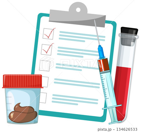 Medical Test Checklist with Syringe and Sample Containers 134626533