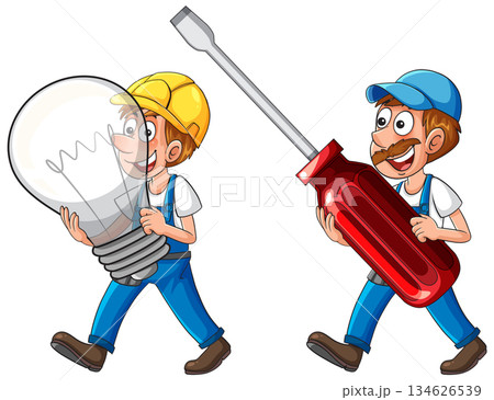 Cartoon Workers Carrying Giant Light Bulb and Screwdriver Cartoon Workers Carrying Giant Light Bulb and Screwdriver 134626539