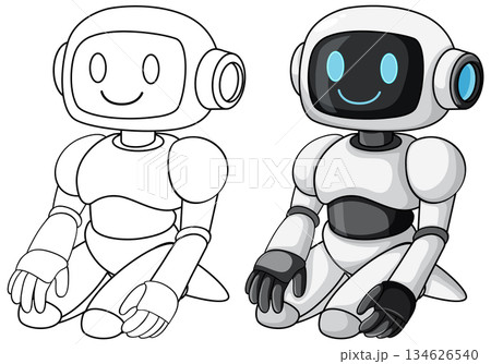 Friendly Cartoon Robot Sitting with Outline and Color Versions 134626540