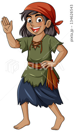 Smiling Young Bandit Waving in Tattered Clothes Illustration 134626543