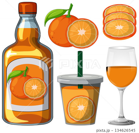 Orange Juice Bottle, Glass, Fruit, and Slices Vector Set 134626545