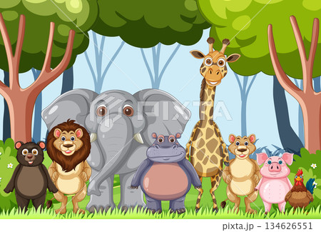 Group of Cartoon Animals Standing in Forest Clearing Group of Cartoon Animals Standing in Forest Clearing 134626551
