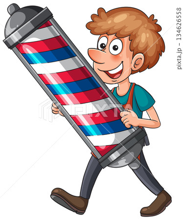 Cartoon Barber Carrying Large Classic Barber Pole Cartoon Barber Carrying Large Classic Barber Pole 134626558