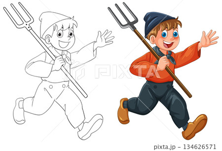 Cheerful Dutch Boy Running With Pitchfork Vector Illustration 134626571