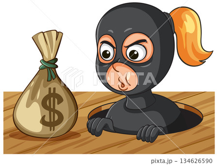 Female Robber Emerging from Floor with Money Bag Female Robber Emerging from Floor with Money Bag 134626590