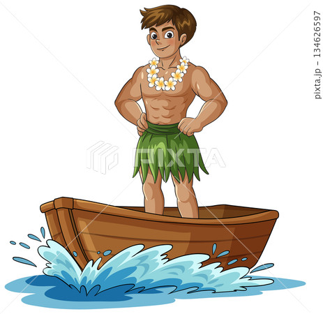 Muscular Islander Man Standing Confidently in Wooden Boat Muscular Islander Man Standing Confidently in Wooden Boat 134626597