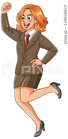 Excited Businesswoman Jumping in Brown Suit Illustration 134626615