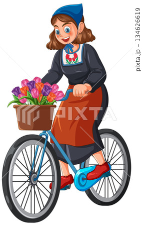 Dutch Woman Riding Bicycle With Basket of Tulips Dutch Woman Riding Bicycle With Basket of Tulips 134626619