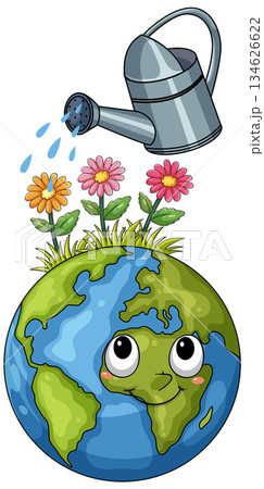 Cute Earth Planet Watered with Flowers and Watering Can 134626622