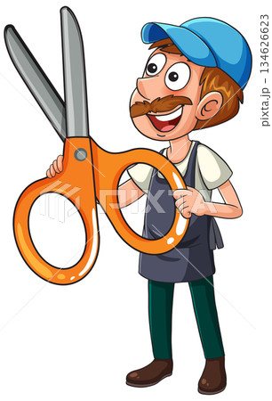 Cartoon Barber Holding Oversized Orange Scissors 134626623