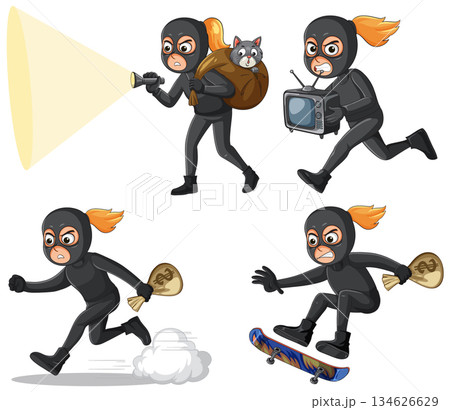 Cartoon Female Burglar in Action with Loot and Disguises Cartoon Female Burglar in Action with Loot and Disguises 134626629
