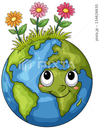 Smiling Cartoon Earth with Flowers and Grass 134626630