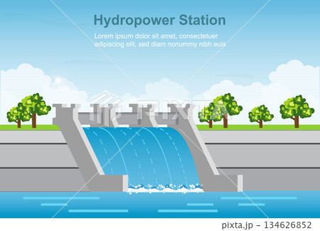Large hydroelectric dam with water flowing over the spillway. Large hydroelectric dam with water flowing over the spillway. 134626852