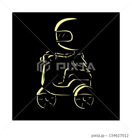 Stylized light outline illustration of a cute boy riding motorcycle in dark night cartoon illustration 134627012