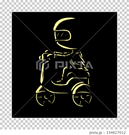 Stylized light outline illustration of a cute boy riding motorcycle in dark night cartoon illustration 134627012