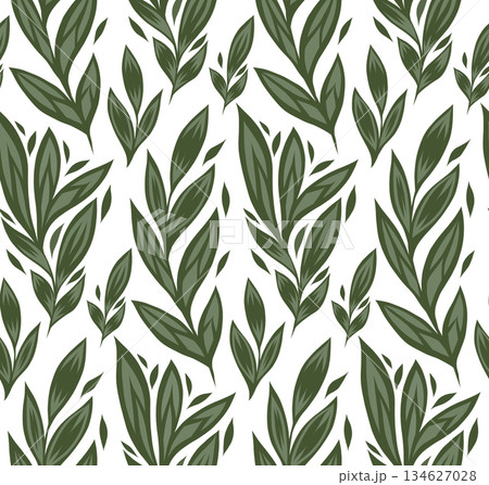 Vector seamless pattern with stylized green leaves on white background. Tracery natural texture with hand drawn foliage 134627028