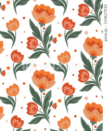 Vector pattern with stylized orange flowers, dots and green leaves. Retro folk art floral textile Vector pattern with stylized orange flowers, dots and green leaves. Retro folk art floral textile 134627030